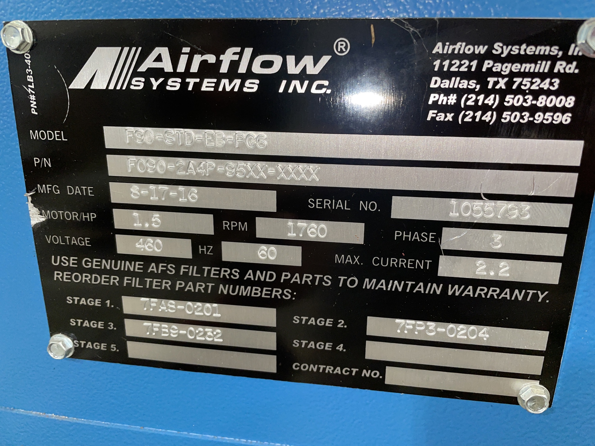 2016 AIRFLOW SYSTEMS F90-STD-EB-PG6 Air Cleaner | New England Industrial Machinery